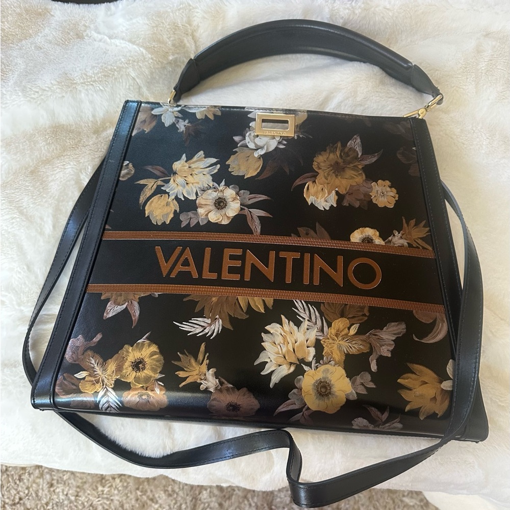 Valentino Black and Gold Floral Shoulder Bag